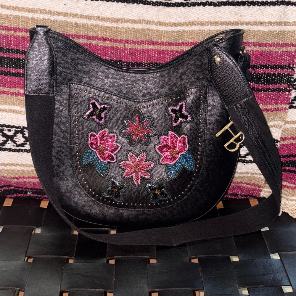 henri bendel Black Crossbody Bag with Pink Floral Embroidery